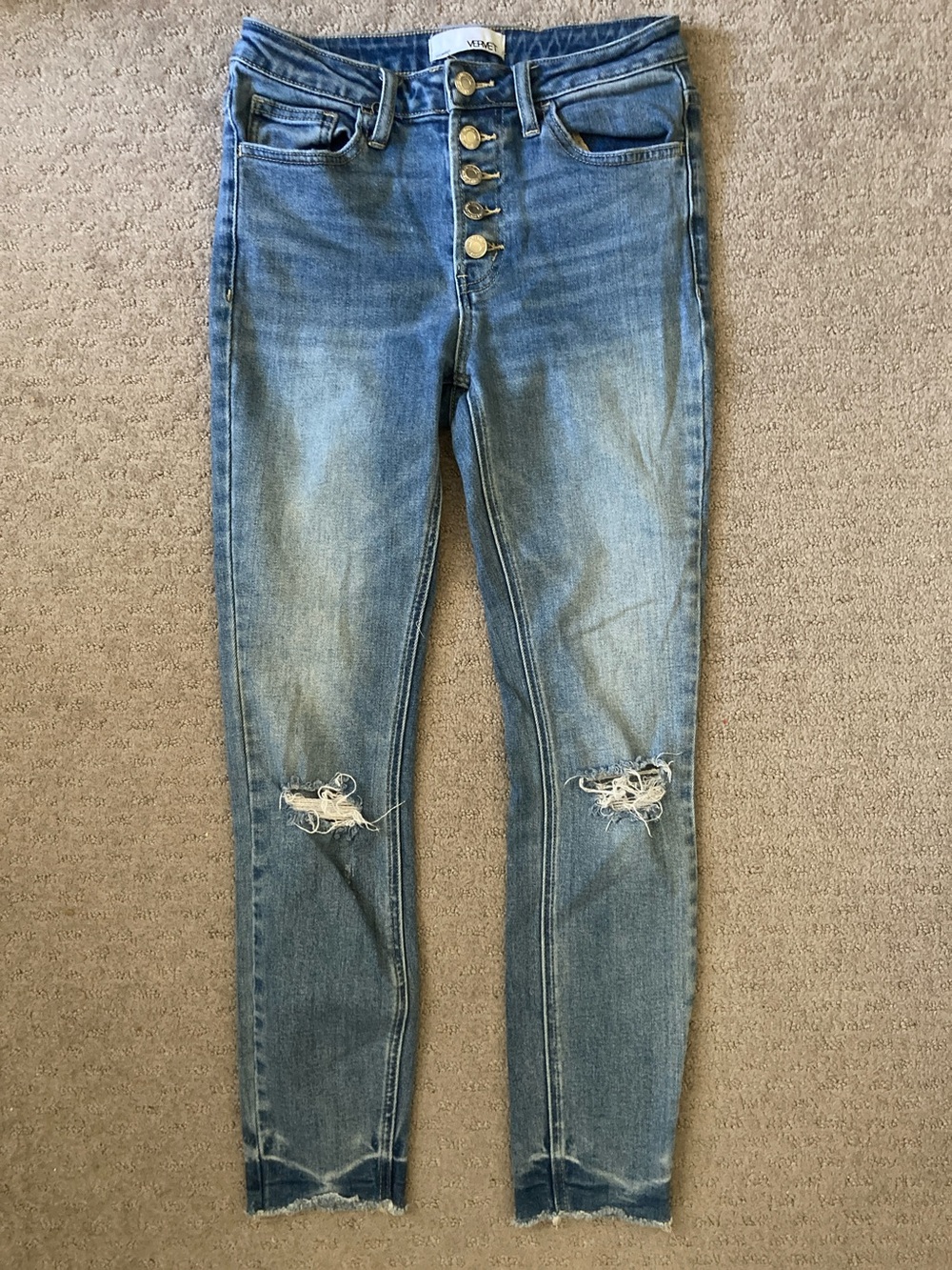 Vervet button-fly distressed skinny jeans, Sz 26